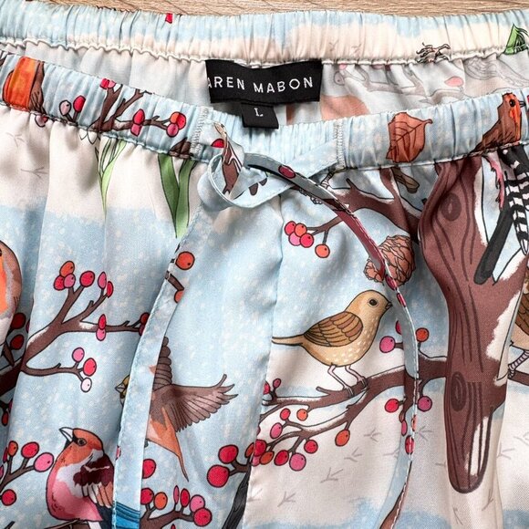 NWT Karen Mabon Winter Birds Satin Pajama Set Button Down Top + Pants Large - Picture 11 of 14